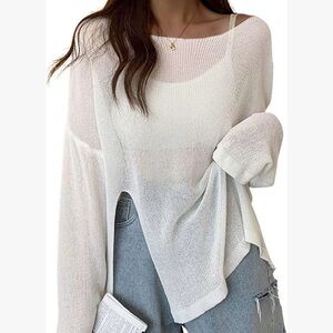 Lightweight Ivory Open-Knit Long Sleeve Tunic